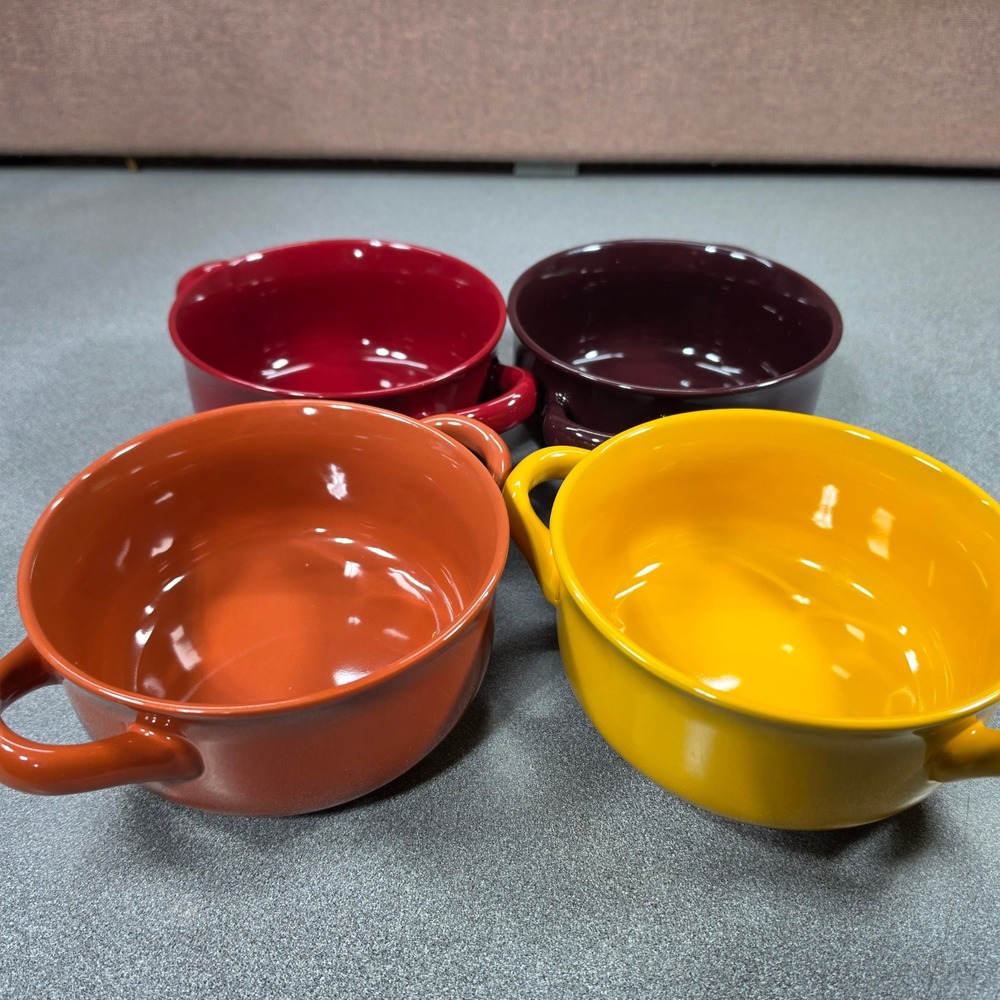Over and Back Stoneware Soup Bowls with handles Set of 4 Multicolor Excellent